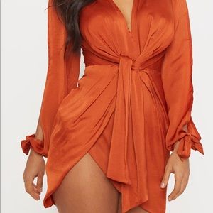 PLT Rust Satin Twist Front Open Sleeve Wrap Dress